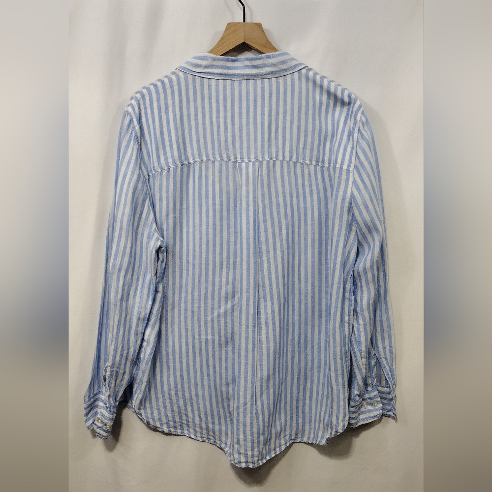 H&M 100% Linen Stripped Button Shirt Women's L Blue White Office Casual Retro - Picture 5 of 9